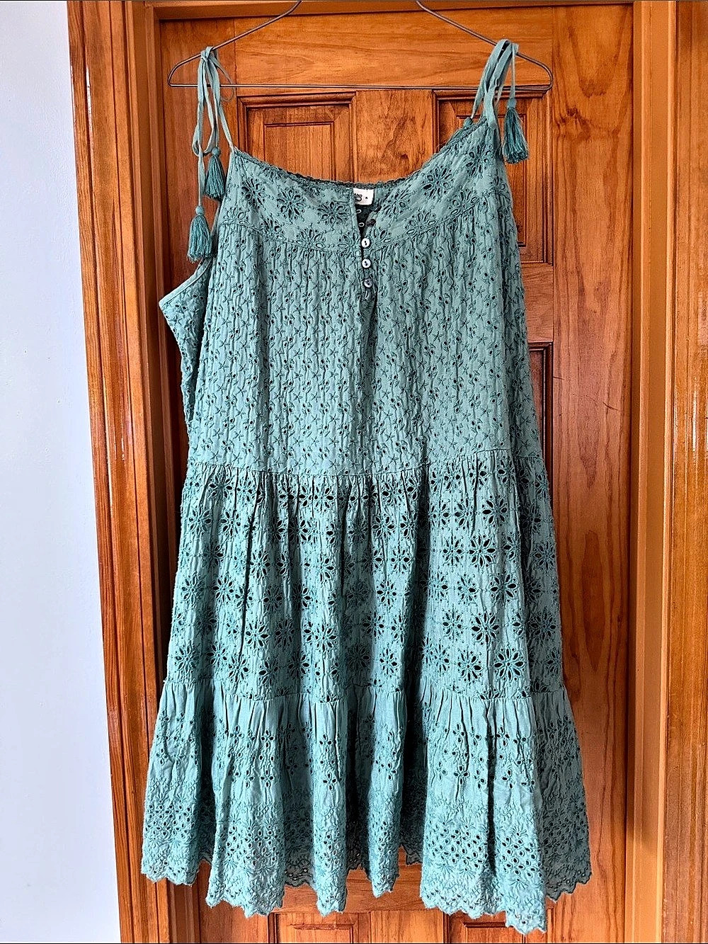 Lucky Brand Tie Sleeve Tiered Eyelet Dress Green XL